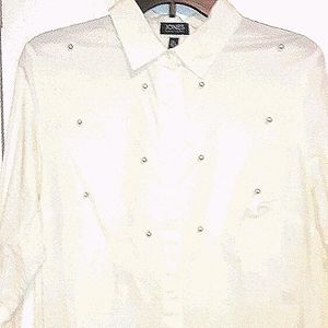 Jones New York white blouse W/pearl embellishme
